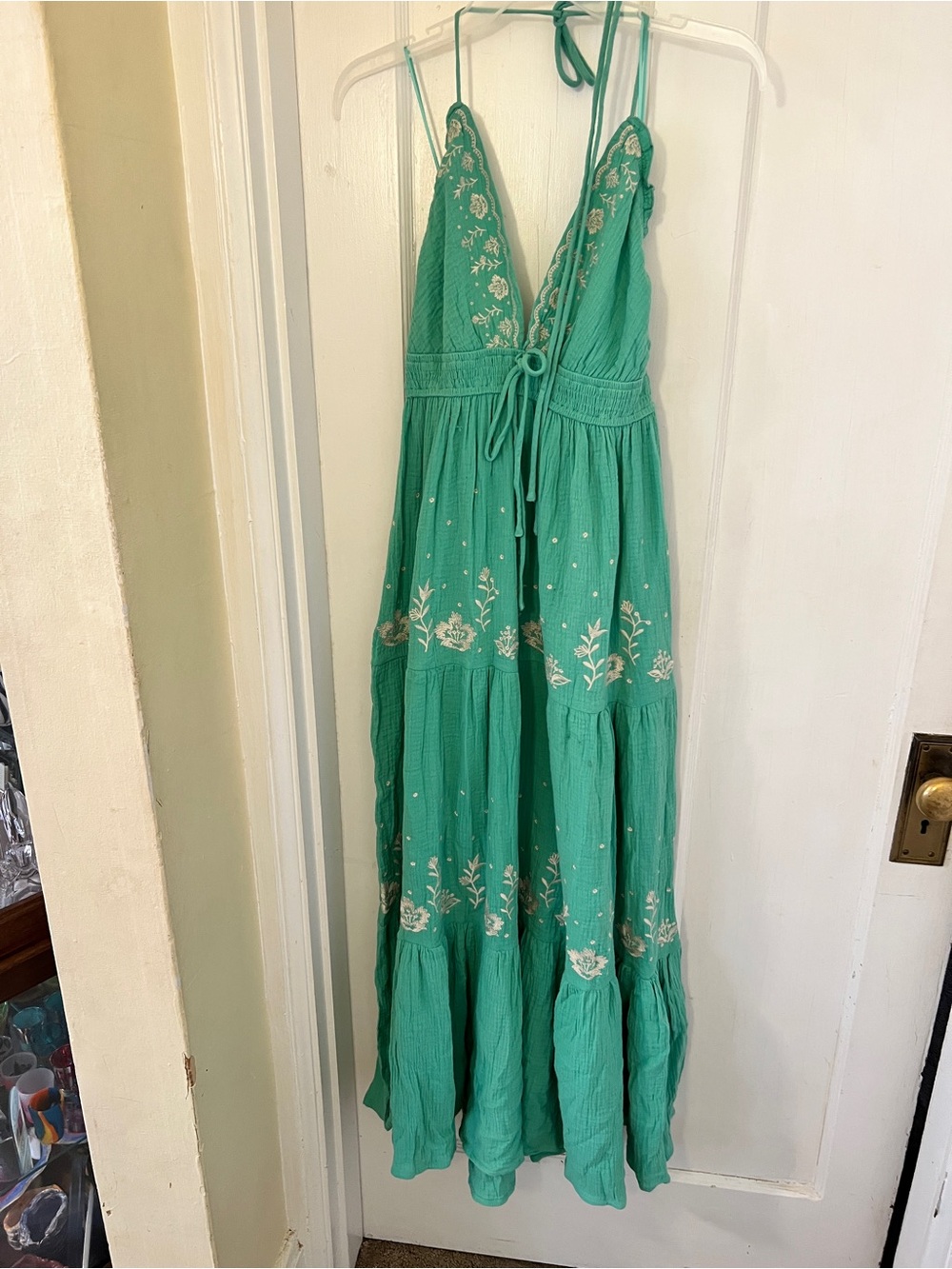 Green Embroidered V-Neck Maxi Dress
